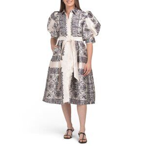 NANCY YANG Ivory Puff Sleeve Midi Dress